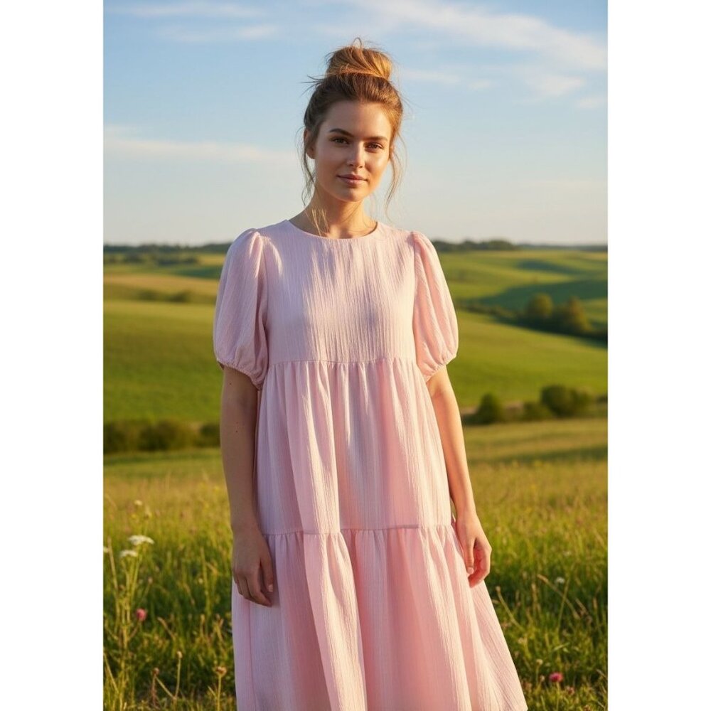 b+ab Pink Tiered Midi Dress Cottage Puff Sleeve Pastel B Plus Ab  Knee Length XS
